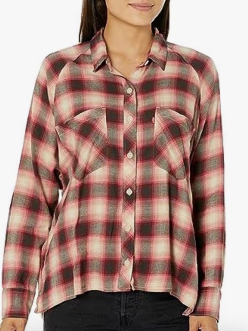 Levi's women Harrison Size S Red Multi Plaid Reglan Long Sleeve Shirt